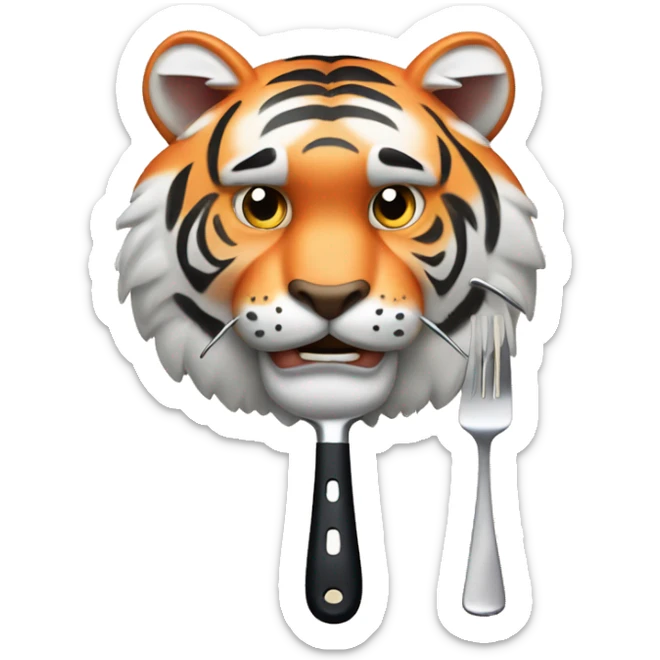 a muscular grinning tiger holding a fork poking into a fillet of salmon with the tip of its paws sticker