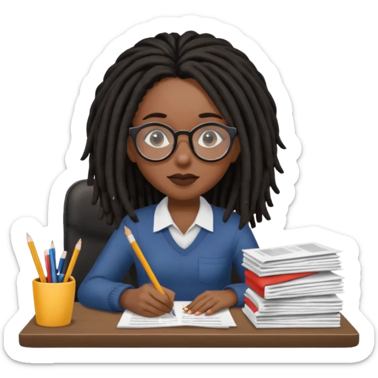 Black female with dark dreadlock hair and large round glasses with a desk full of papers sticker