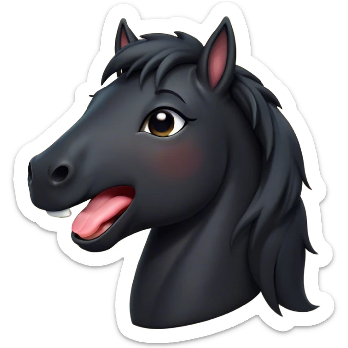 Cinematic Cute Yawning Black Horse Portrait Emoji, Head tilted slightly with a dramatic, wide-open yawn, revealing a soft, sleek black fur with a subtle shimmer, floppy ears slightly drooping, round dark eyes barely open in drowsy contentment, Simplified yet irresistibly adorable features, highly detailed, glowing with a soft, cozy glow, high shine, relaxed yet expressive, stylized with a touch of whimsy, bright and endearing, soft glowing outline, capturing the essence of a sleepy yet affectionate horse, so drowsy it feels like it could stretch out of the screen and curl up for a nap! sticker