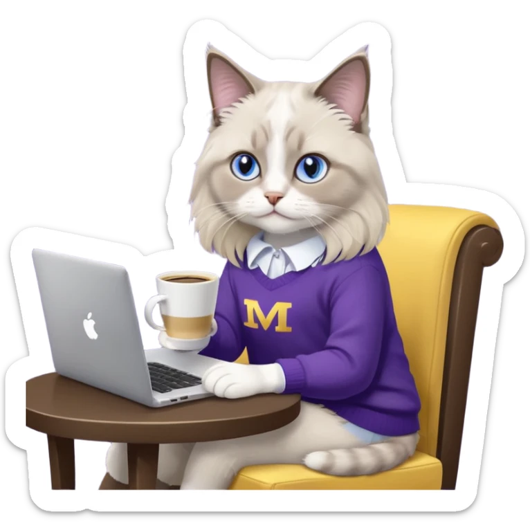 a cute blue eyed brown and white ragdoll cat with white paws and brown and beige tail wearing the dark violet sweater with yellow letteting "Milena" sitting on the grey sofa with grey laptop and drinking coffee sticker