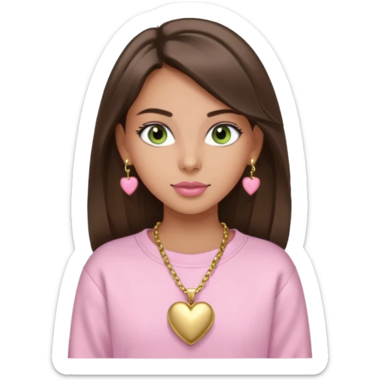 Create a teen girl wearing a light pink sweatshirt. She will have brunette hair, tan skin, pink lips, and grey-green eyes. She has long eyelashes. She is wearing gold stud earrings and a gold necklace with a heart-shaped pendant. sticker