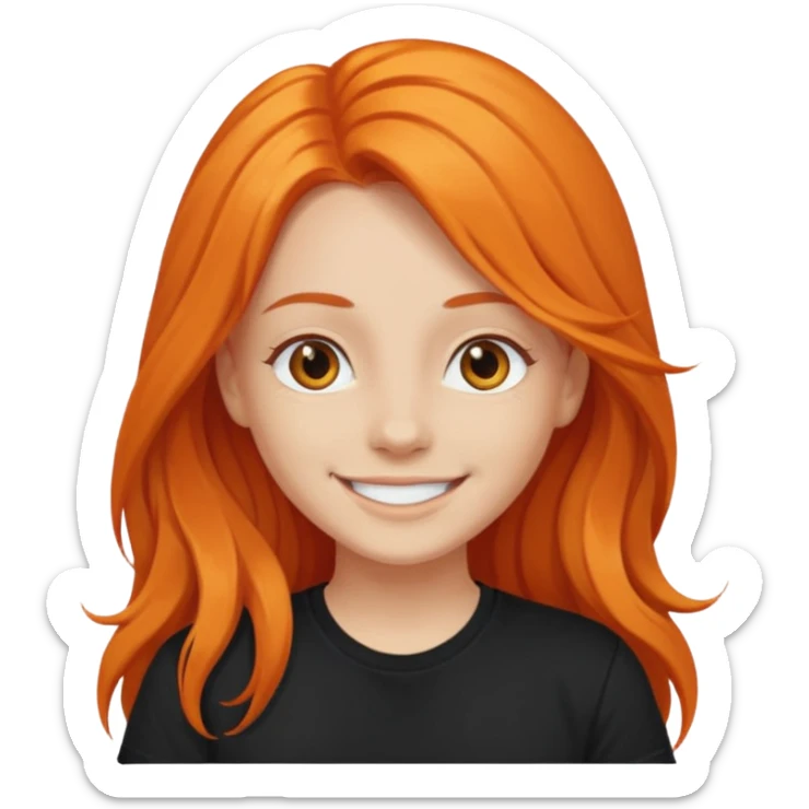 smiling girl with long orange hair and black t-shirt sticker