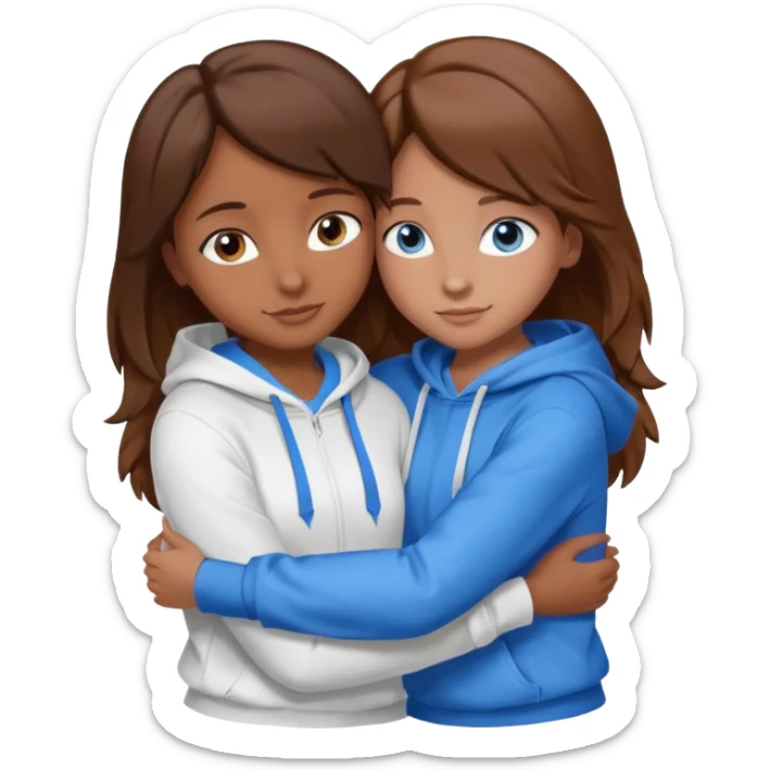 two Girls, Brown and Blonde hair, with Blue Eyes hugging one has Brown hair cute Hug another Version  Both Blue eyes and white hoddies sticker