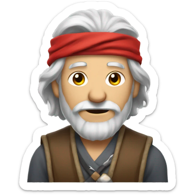 Old man wth long grey hair and a red bandana around his neck, wearing crown  sticker