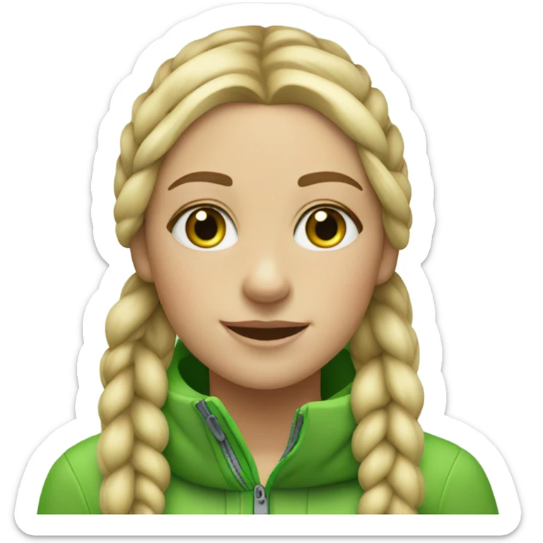 blonde girl, with freckless, green eyes, cite, two braids and goes skiing sticker