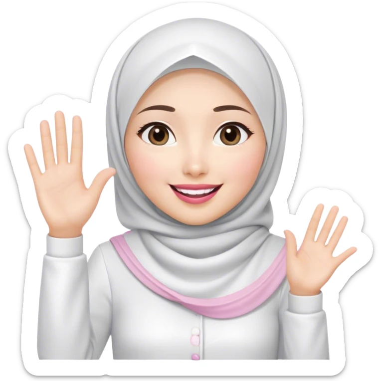 Asian white woman hijab, her hijab color is white, her face is small oval, her face is firm, her lips are pink, her eyes is shining, her face looks happy and excited, her eyes are also smiling, her outfit color is white. Generate emoji that show full body, and her left hand is waving to the left sticker