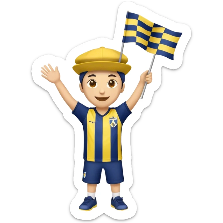 I want a yellow circle emoji (not a human emoji) holding a yellow and navy blue checkered flag in both hands, wearing a yellow and navy blue hat, dancing, and smiling. The emoji should also have Fenerbahçe’s striped jersey either on itself or on the flag.” sticker