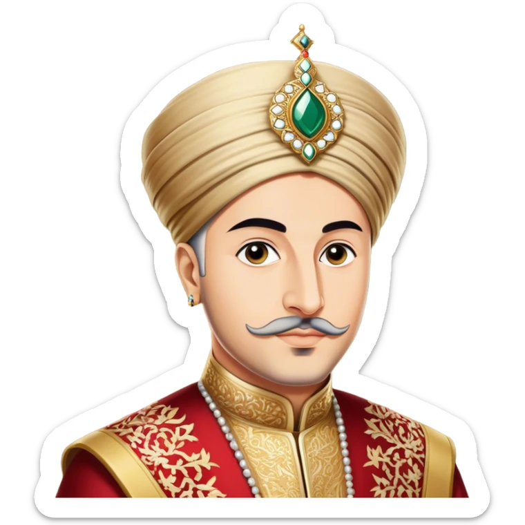Suleiman the Magnificent – Cinematic Realistic Portrait of Suleiman the Magnificent, depicted as a regal Ottoman sultan in luxurious traditional attire with intricate patterns and a golden turban, his commanding gaze illuminated by warm, historic lighting, exuding majestic authority and timeless grandeur. sticker