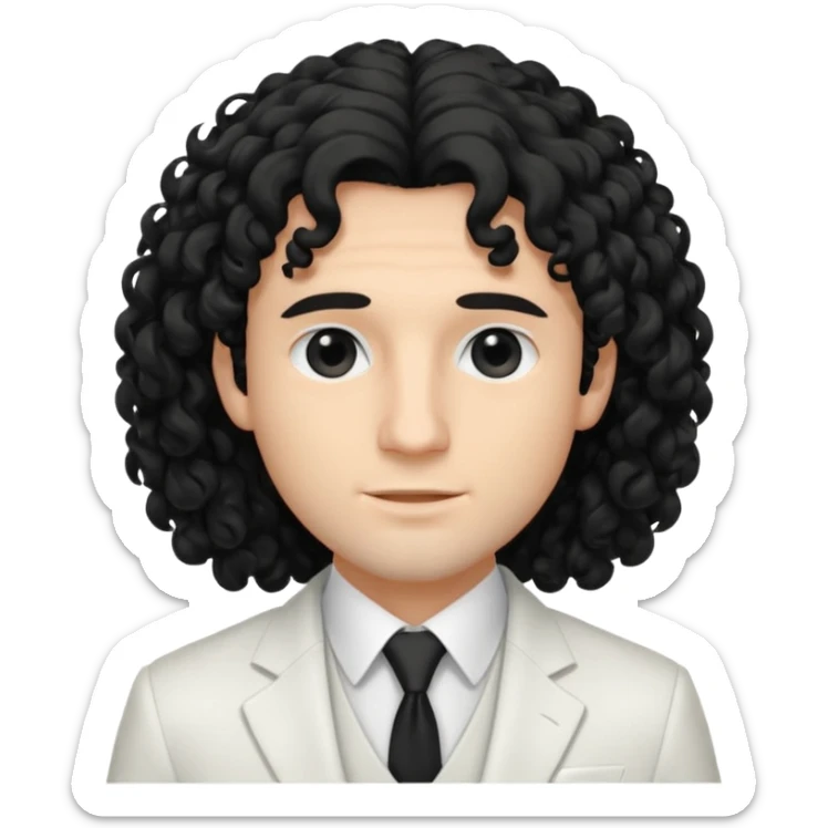 Cockasian guy with black long curly hair thats on his face and black eyes wearing a White simple suit guy  sticker