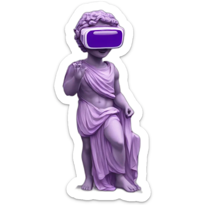 an EMOJI OF A ancient young greek statue, wearing VR headset, purple colors, DIGITAL UNIVERSE sticker