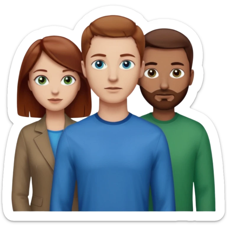 One woman with blue eyes, brown hair, light skin standing next to another woman with darker red brown hair, lighter skin, and green eyes, standing next to a man with no facial hair, blue eyes, and short brown hair sticker