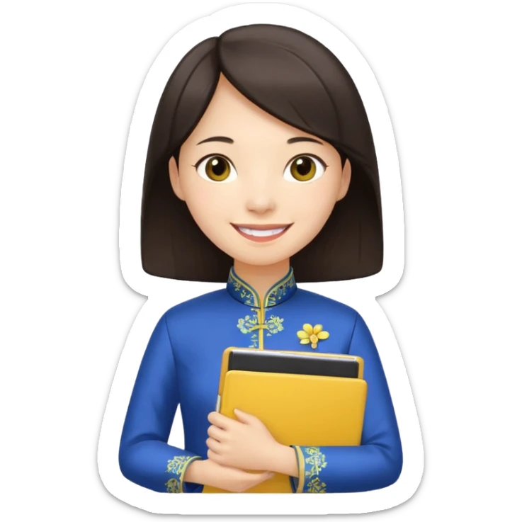 Teacher emoji but : european volume dark brown hair, light skin, no glasses, dark eyes, with a computer folder in the hand (color is yellow), being a teacher, wearing a chinese qipao ( dark blue), smile with teeth





 sticker