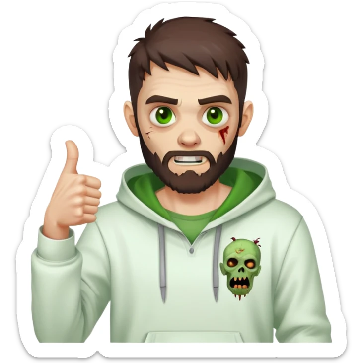 zombie with thumbs up gesture, undercut hairstyle with dark brown hair, short full beard, green eyes, wearing plain white hoodie sticker