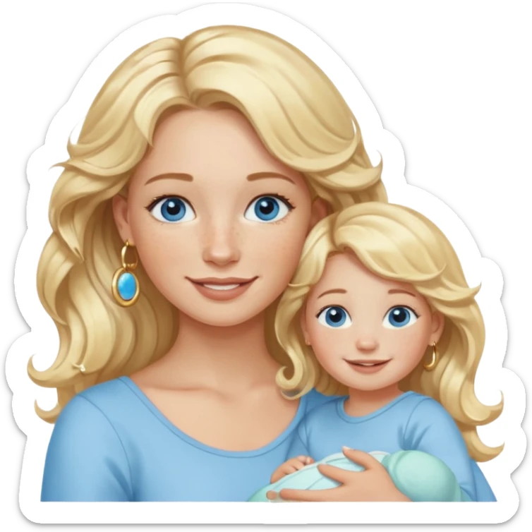 Wavy blonde, white woman with blue eyes, freckles hoop earrings, holding babies smiling and really cute in gold hoops sticker
