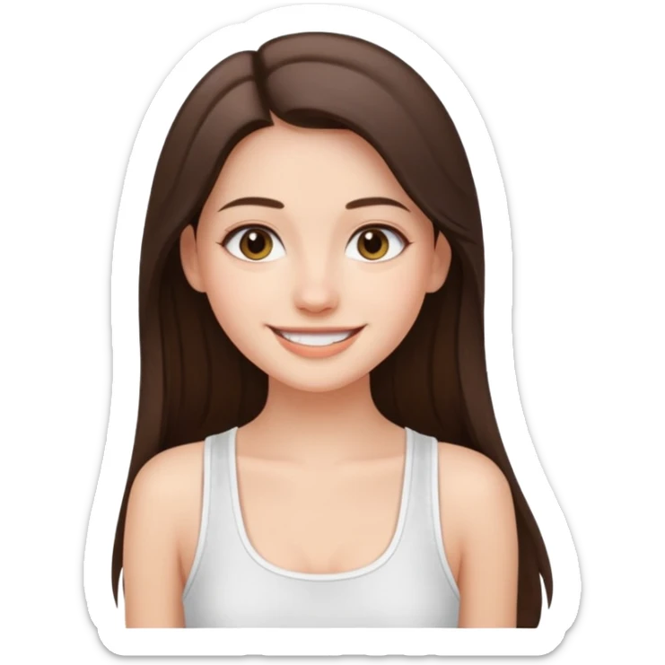 a pretty bratz fair girl with straight brunette long hair, middle partition. wearing a white thin strap trap tank top, smiling, wearing light makeup. very pretty. sticker