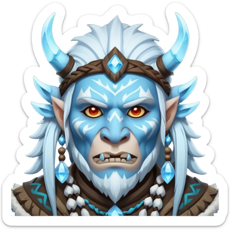 Fantasy Christmas orc shaman icon, ice spirit magic theme, glowing runes, winter tribal mask elements, mystical cold atmosphere, emoji sized portrait, male/female variant sticker