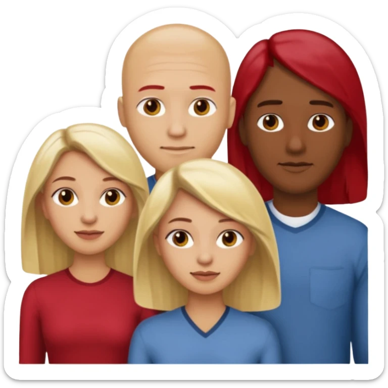 one male medium dark skin tone no hair and one woman light skin tone blonde highlights shoulder length hair and one woman light skin tone deep red long hair three people total sticker
