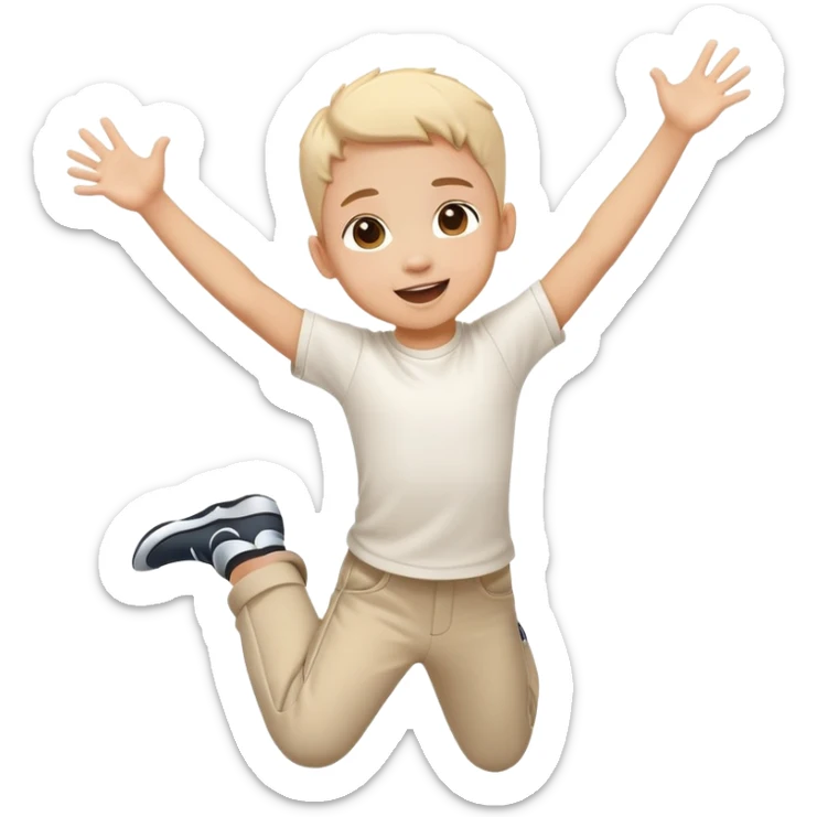 child jumping with arms up, cheerful and energetic, motion lines to show action sticker