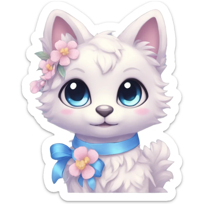 Anthro Cute Cool Blushing Pastel Innocent Shy Kawaii gorgeous sparkly ethereal fantasy animal creature with blue eyes furry sona with flowers and ribbons beautiful aesthetic sticker