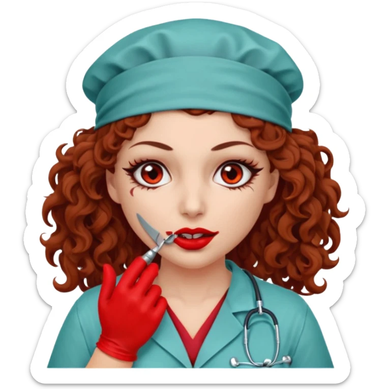 Scary woman scalpel in hand, evil surgeon sexy surgeon clothes.  She has red eyes. Her  brown long curly hair. Wears sexy doctor outfit with red gloves. Only uses red bandanna  to hide her face mouth with red bandana to hide her identity sticker