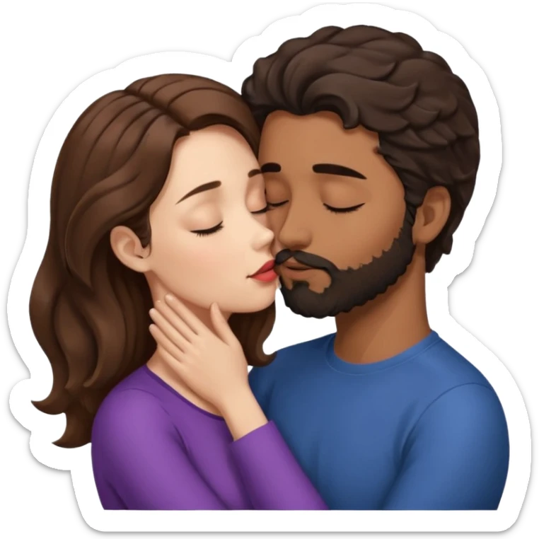 White woman (brown hair with eyes closed) kissing the top of the head (forehead) of brown man with black wavy hair (has a a beard with his eyes closed too). Woman has her lips to the forehead of the man. sticker