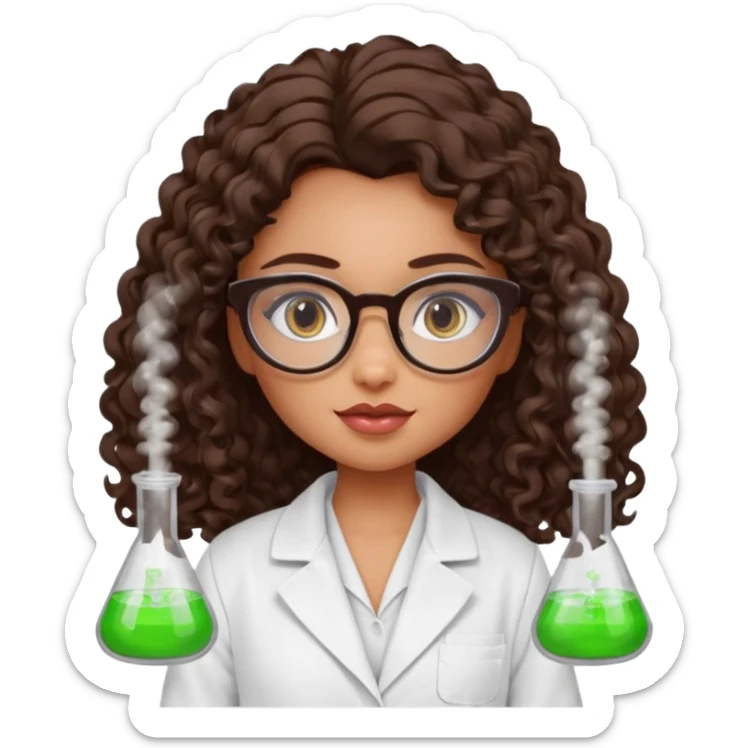 realistic bratz doll with long curly dark brown hair, glasses that are round cat eye vibes, in a lab coat mixing beakers that glow sticker