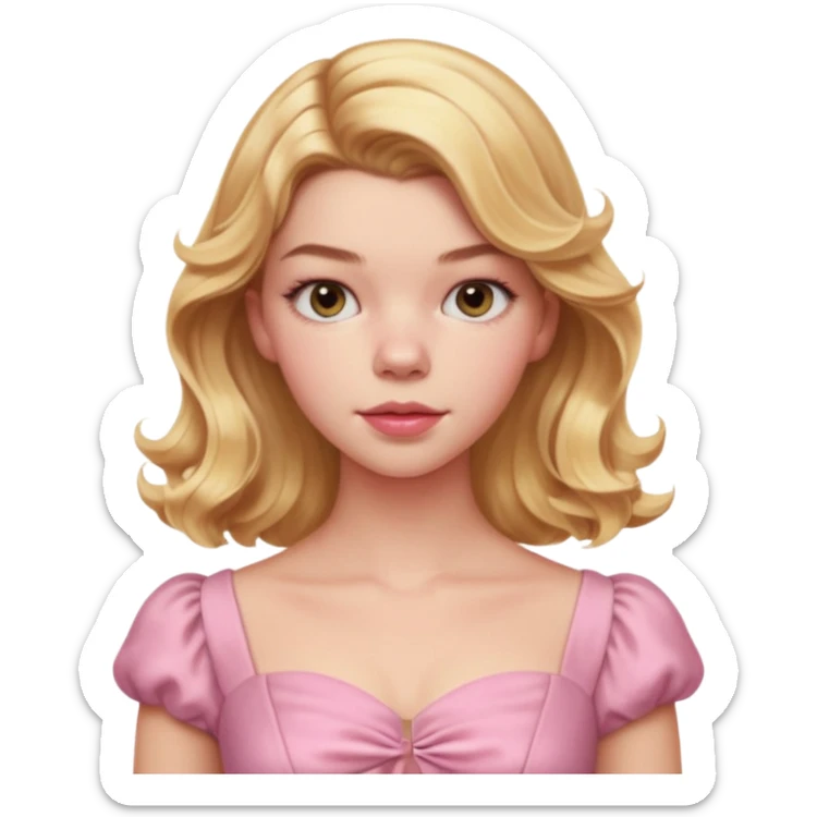 Cinematic Realistic Anya Taylor Joy Portrait, depicted with lifelike skin texture, subtle rosy undertones, and soft natural lighting that enhances the sweet blush contours of her face. Her intricately detailed golden blonde hair is elegantly wavy, and pink dress corquette sticker