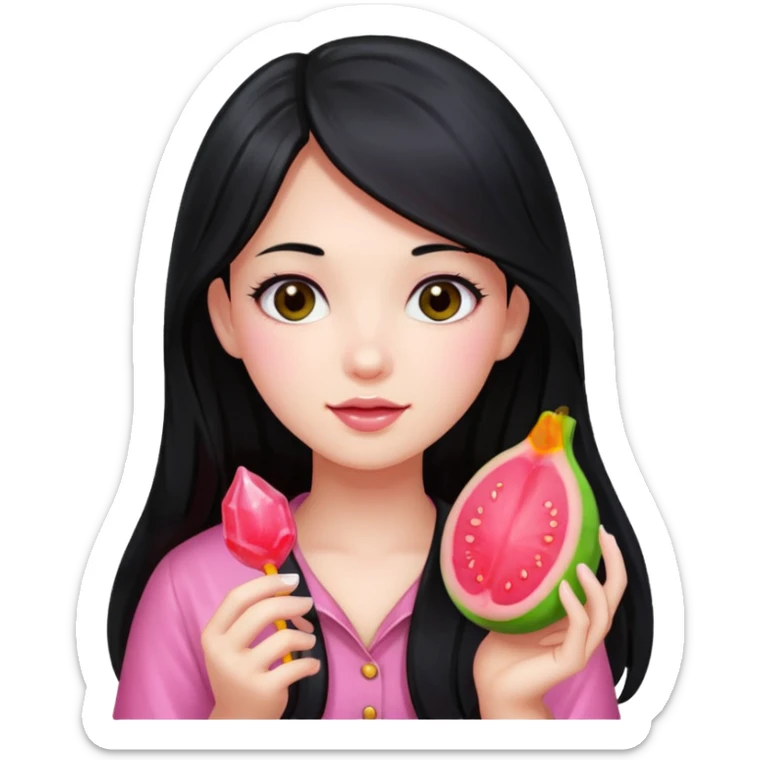 A girl with long black hair holding a piece of guava hard candy sticker