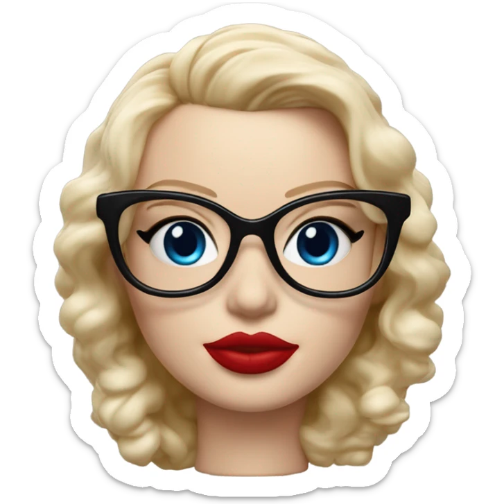  Bobble head Margot Robbie, bright blue eyes and winged eye liner, red kisses, wearing black glasses  sticker