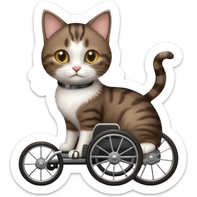 full body small short hair dark brown and white cat with hazel eyes walking in a wheelchair for cats sticker