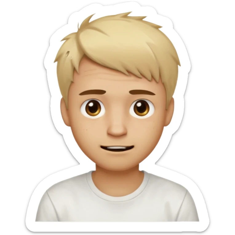 Male with short, messy blonde hair, large expressive golden-brown eyes, light brown skin, subtle facial bruises and scratches, crooked smile showing slightly damaged teeth, wearing a plain white t-shirt, friendly but creepy expression.
 sticker