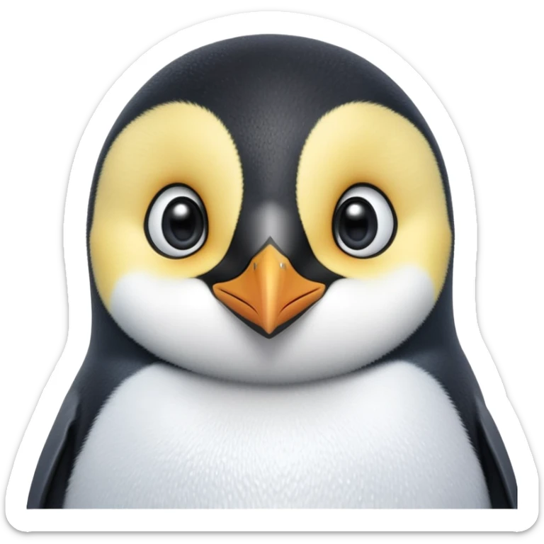 cinematic-cute-emperor-penguin-portrait-emoji,-head-tilted-playfully-and-inquisitively,-with-glossy,-pristine-plumage-accented-by-a-bright-beak-and-round,-sparkling-eyes-filled-with-curiosity,-simplified-yet-irresistibly-adorable-features zoomed into the face sticker