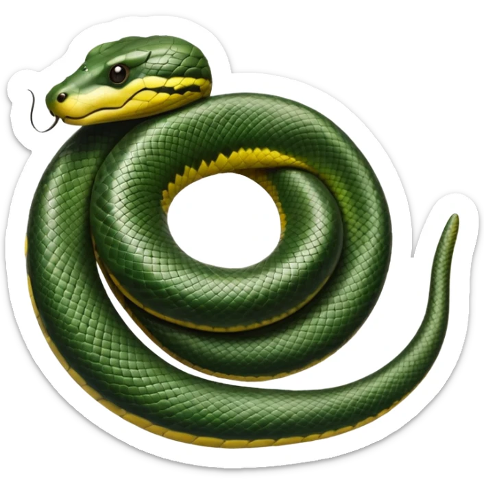 A photo-realistic top-down view of a Green Anaconda tightly coiled in a spiral, with its broad, flat head resting at the center. Its thick, muscular body is olive-green and covered in symmetrical, bold black oval spots that stand out against its smooth scales, creating striking natural camouflage. sticker