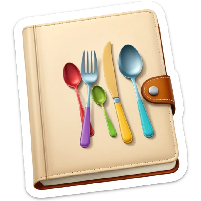 Colorful closed recipe book with a fork and spoon symbol on the cover, cookbook icon sticker