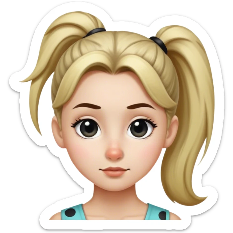 A side photo of a girl with a ponytail and a big black dot on her cheek with a pointy nose sticker