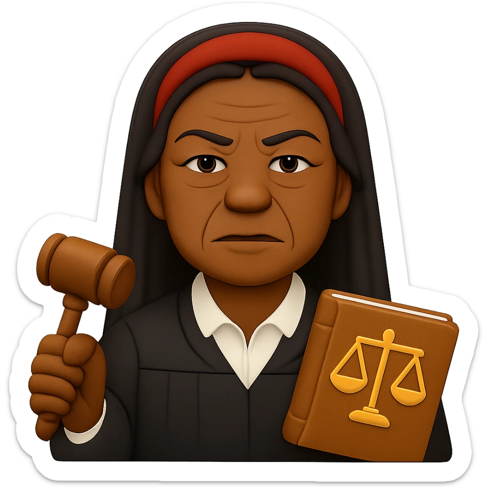 Make the Black woman lawyer look older, with mature facial features and a dignified, strong look. Keep the long black hair, red headband, and sharp personality. Render in emoji style with transparent background. sticker