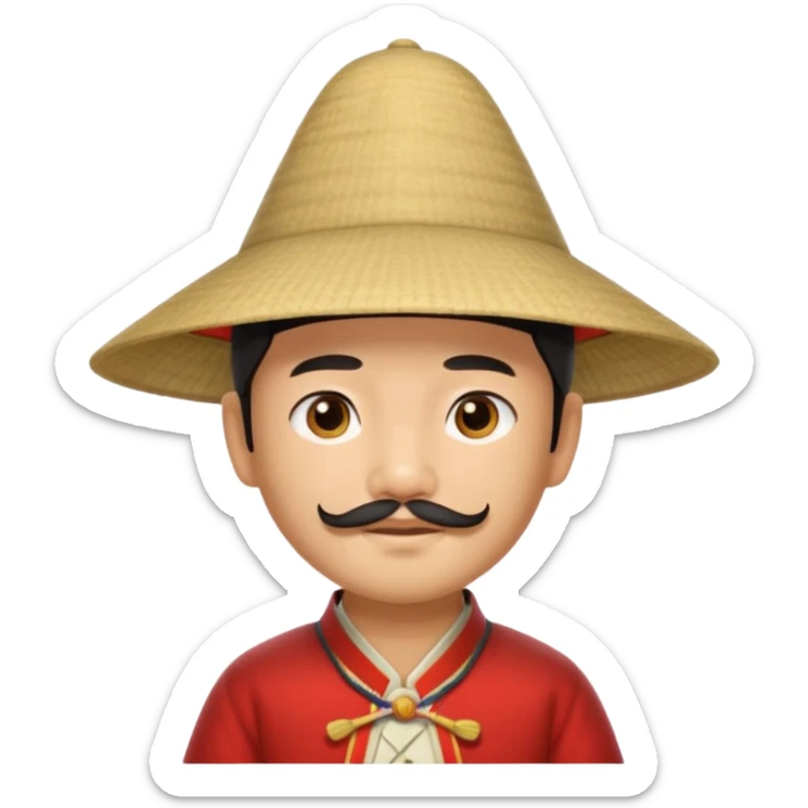 An Asian boy, with little straight mustache and a little beard wearing a traditional triangle Chinese hat sticker