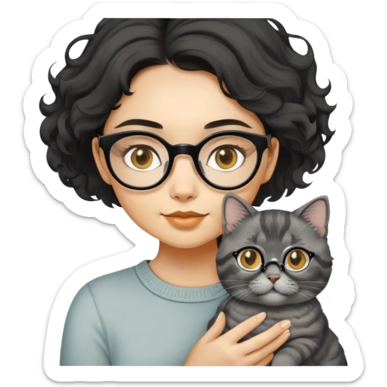 Young woman with oval face and warm yellow-toned skin, black wavy hair, thin-framed glasses, holding a grayish-white Munchkin cat with short legs and charcoal-gray marking under its mouth sticker