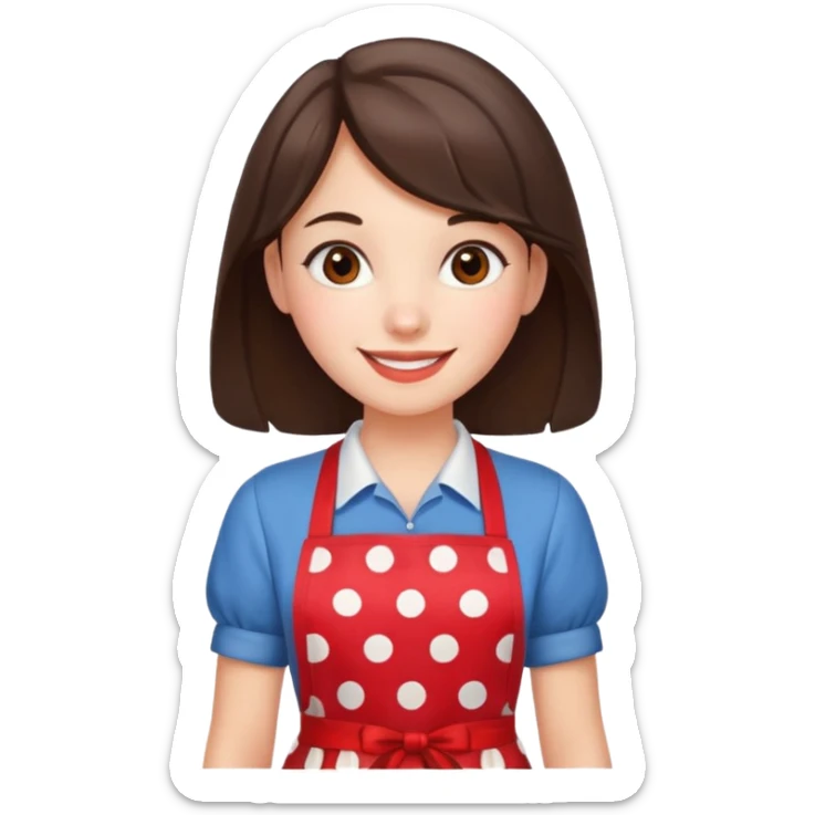 A brunette housewife girl in a red apron with white polka dots. Smiling  sticker