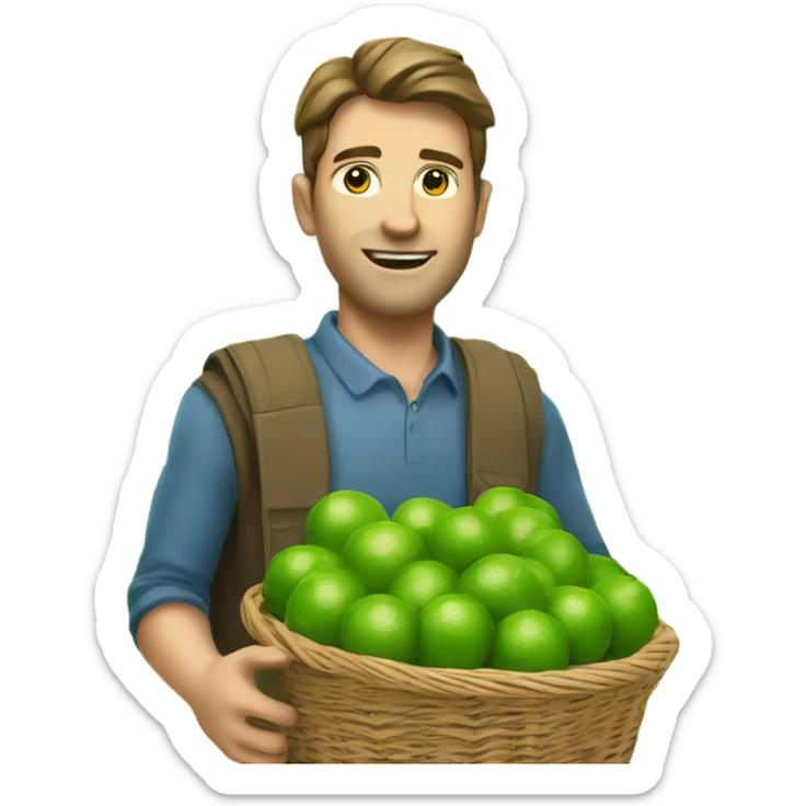 A white man with brown hair and tall carrying many limes in his hands in a supermarket. Make it so the limes are nearly overflowing the basket  sticker
