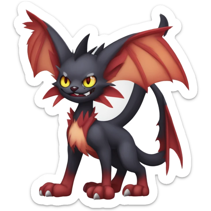   cool edgy fantasy anime-style dark animal vampiric Litten-Zoroark-Nargacuga-cat-hybrid Fakemon with big fangs and bat-ears full body sticker