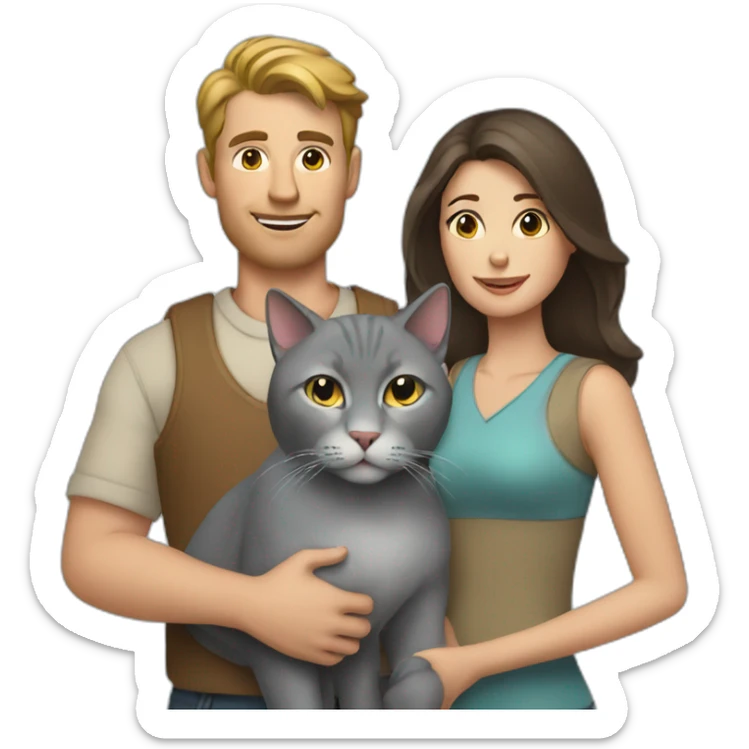 white man and brunette woman with a big gray cat in their arms sticker