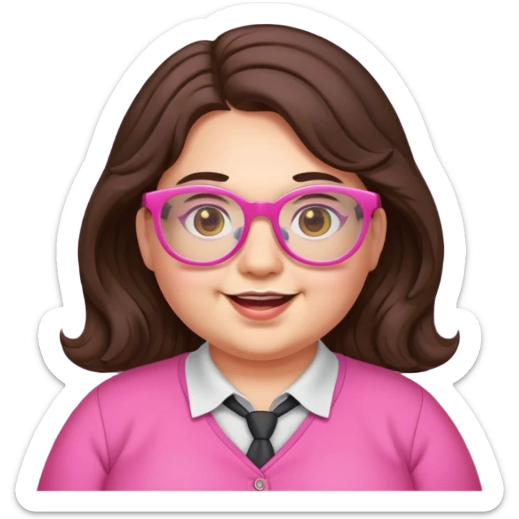 chubby English teacher, happy, wearing pink glasses, wavy long dark brown hair, face only, gamer vibe, classroom background, emoji style, for online classes sticker