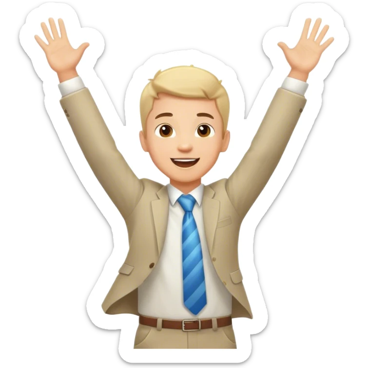 A business man boy who is happy and jumping high with hands up and hurray sticker