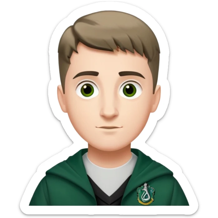 Scott Fern is Adrian Pucey  in harry potter, wear hogwarts slytherin uniform, crew cut hair sticker