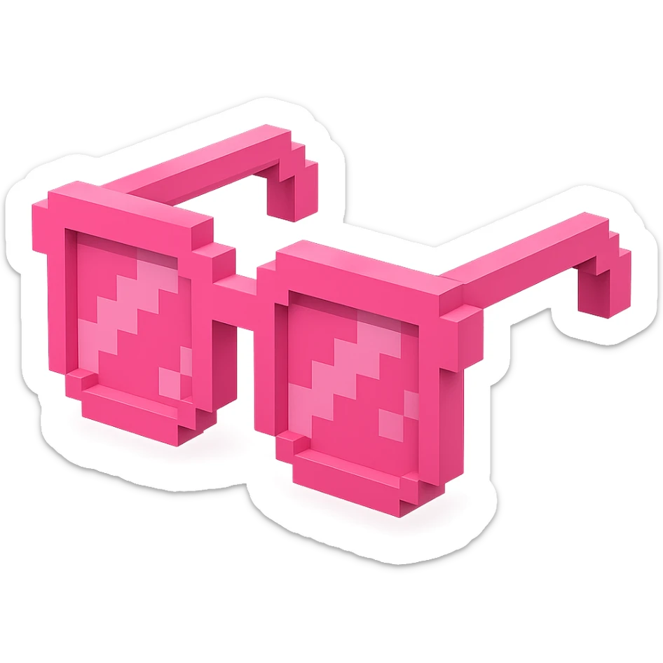Voxel-style pink glasses with pink lenses, no background, following the silhouette from the reference image, with a different pattern. sticker
