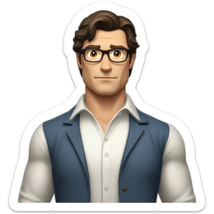 wide shot portrait of clark kent with high great-looking hair and casual white shirt no tie sticker