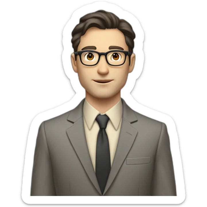 Full height Pale skinned Fit Man With dark brown hair in classic gray suit, beige office shirt, dark gray tie, and vintage glasses. Thrumbs of his palms directed up sticker