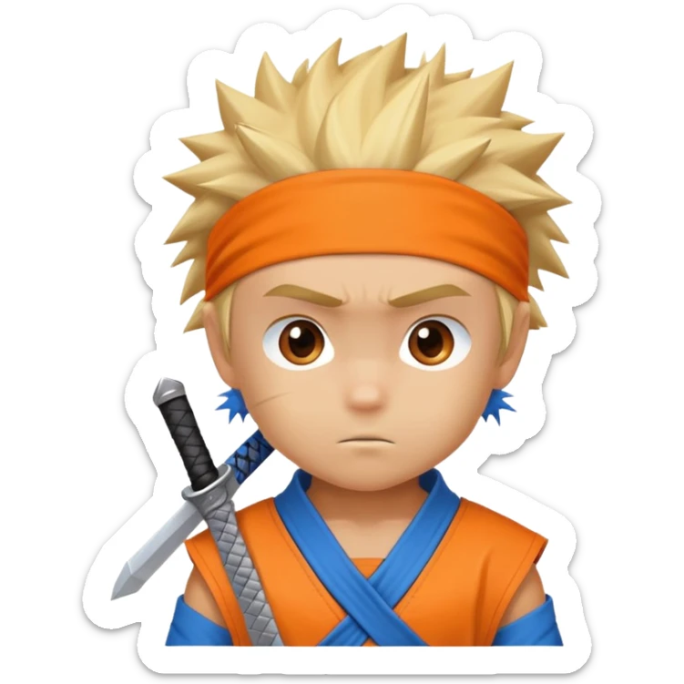 A blonde ninja boy with spiky hair, whisker marks on cheeks, orange outfit, and blue headband with metal plate sticker
