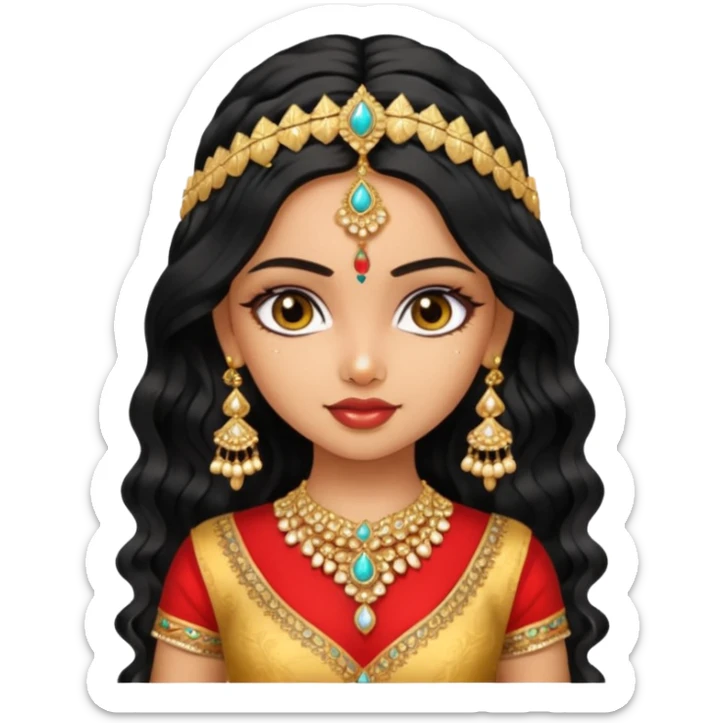 a pretty bratz fair indian girl wearing an indian wedding outfit,  golden jewellery, black wavy hair sticker